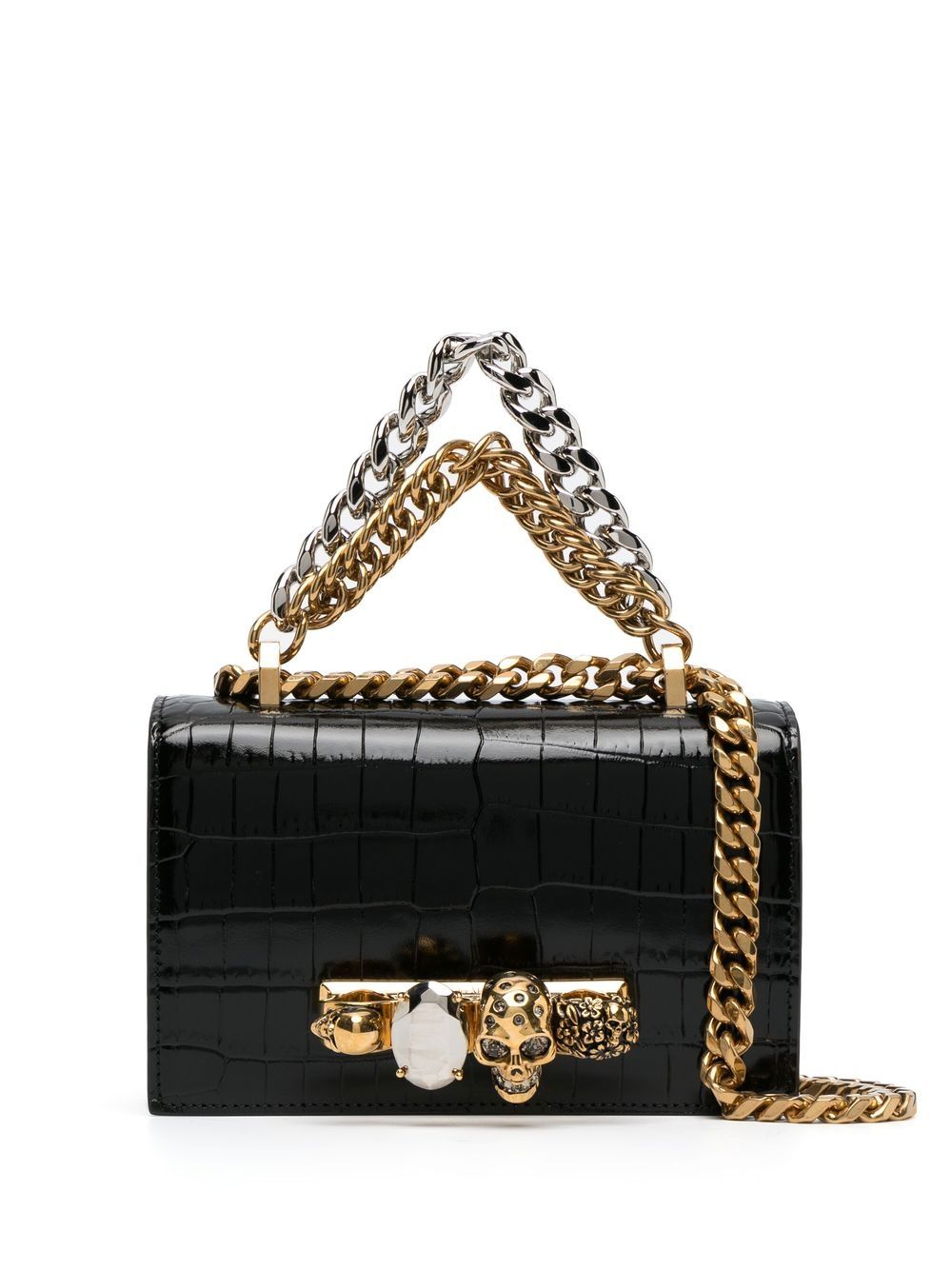 Alexander McQueen 圈环五金配件仿鳄鱼纹单肩包 - 黑色