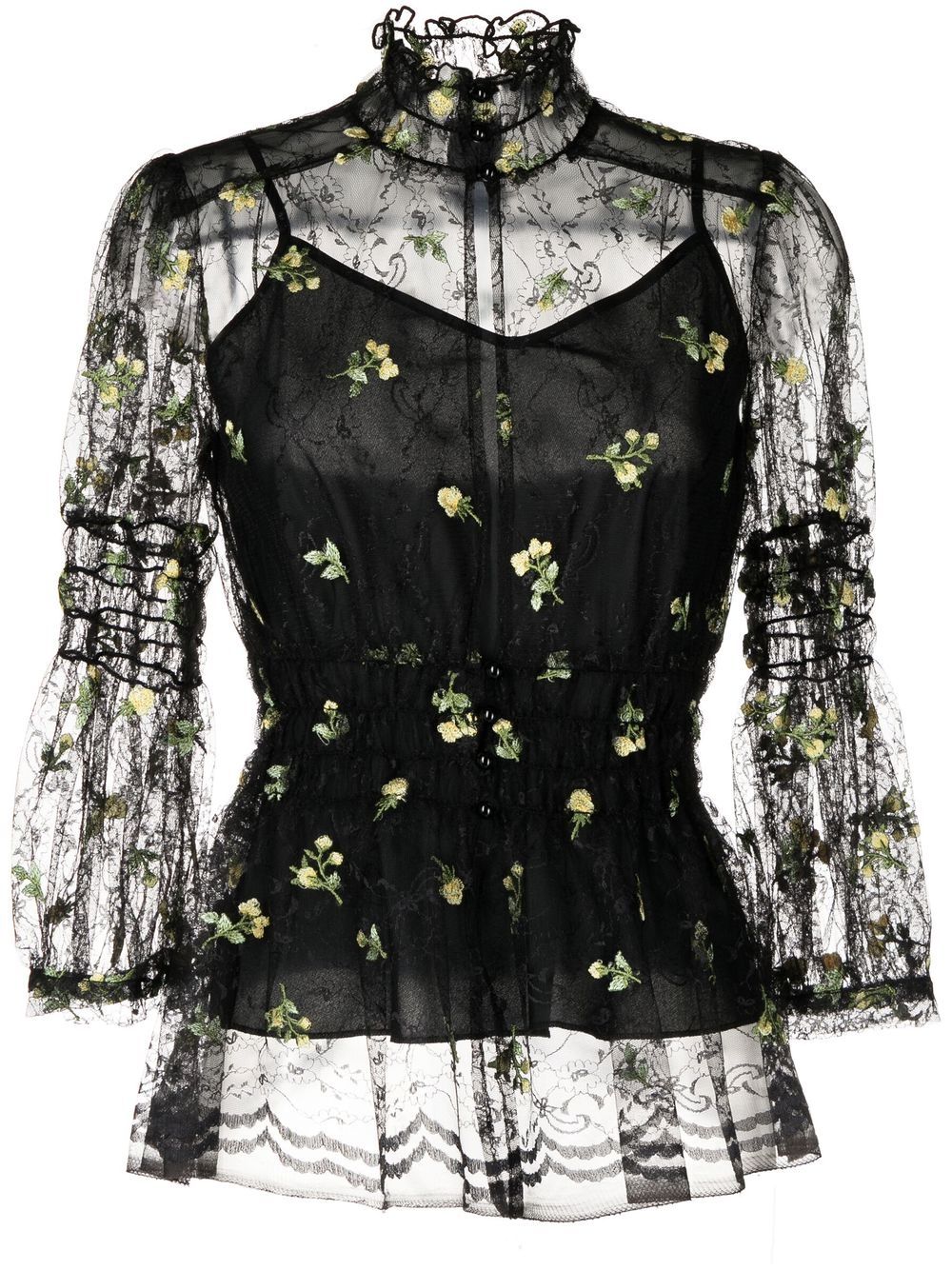 Anna Sui 花卉刺绣蕾丝罩衫 - 黑色