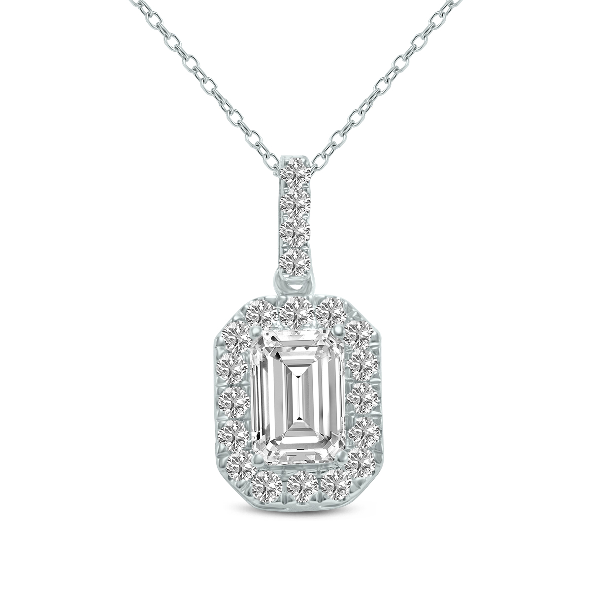 1.50克拉TW Emerald Cut Halo Lab种植14 K白金钻石吊坠