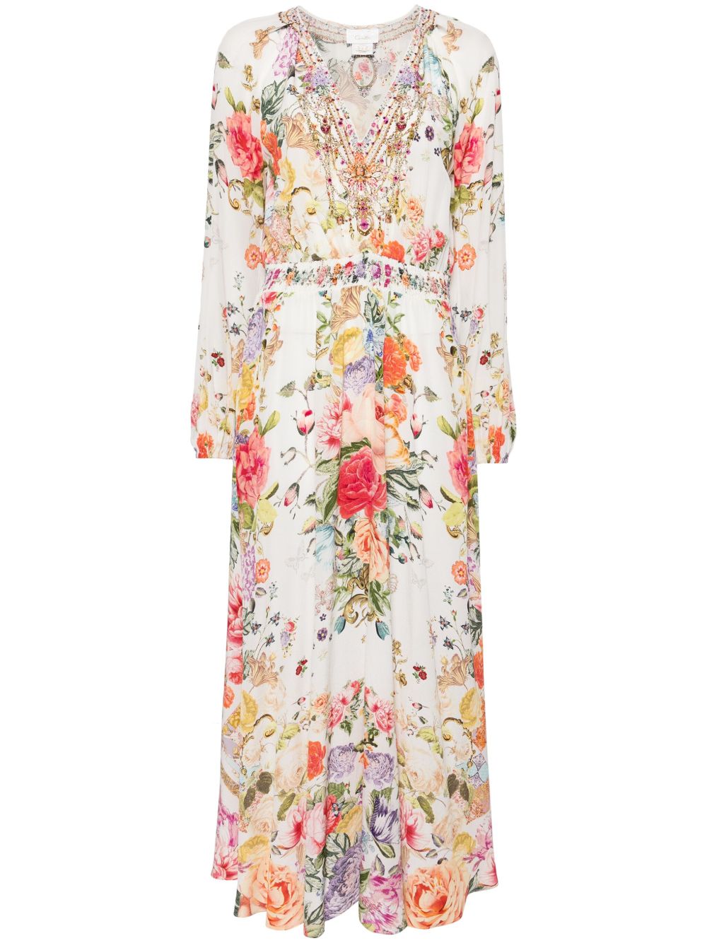 Camilla Raglan 花卉印花超长连衣裙 - 白色