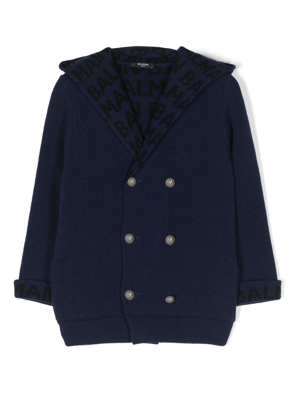 Balmain Kids intarsia-knit logo double-breasted cardigan - 蓝色