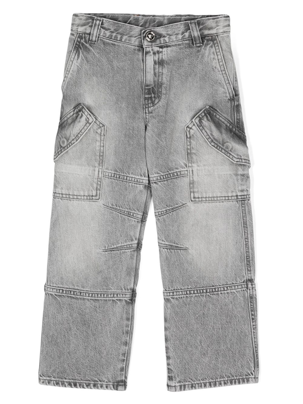 Versace Kids 拼接直筒工装牛仔裤 - 灰色