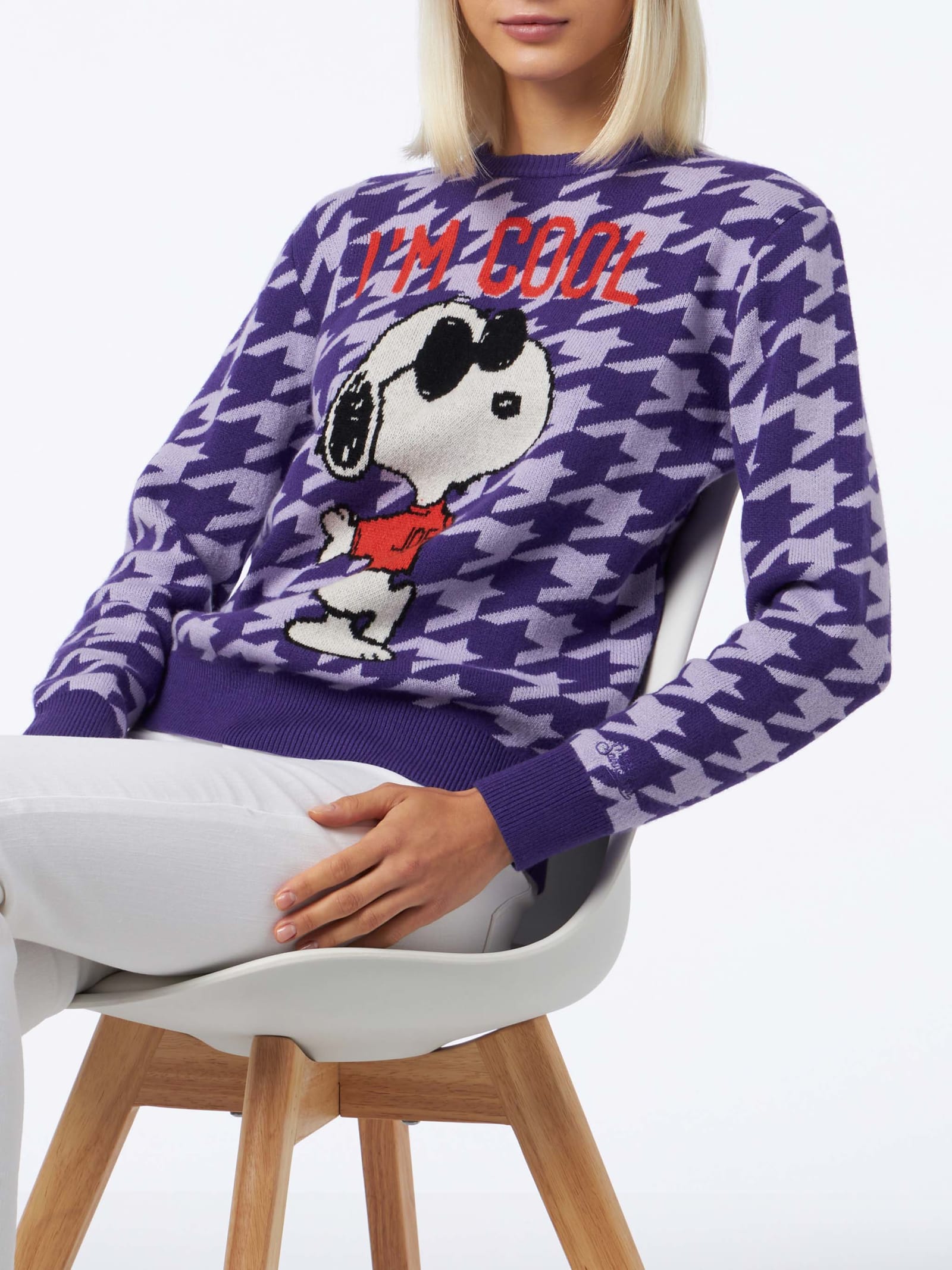 MC2 Saint Barth Woman Crewneck Pied De Poule Sweater With Snoopy Jacquard Snoopy Peanuts Special Edition