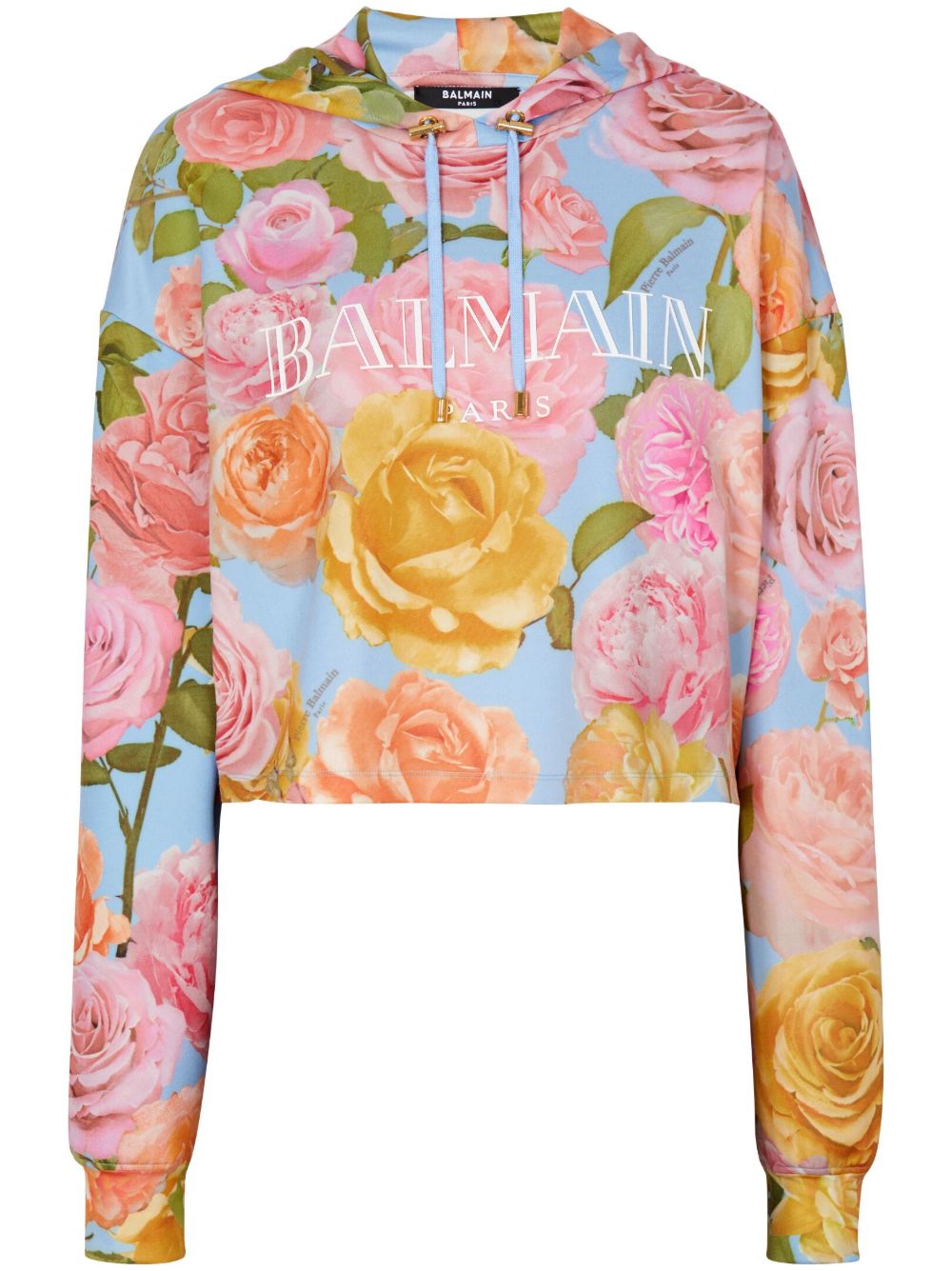 Balmain 花卉印花短款连帽衫 - 蓝色