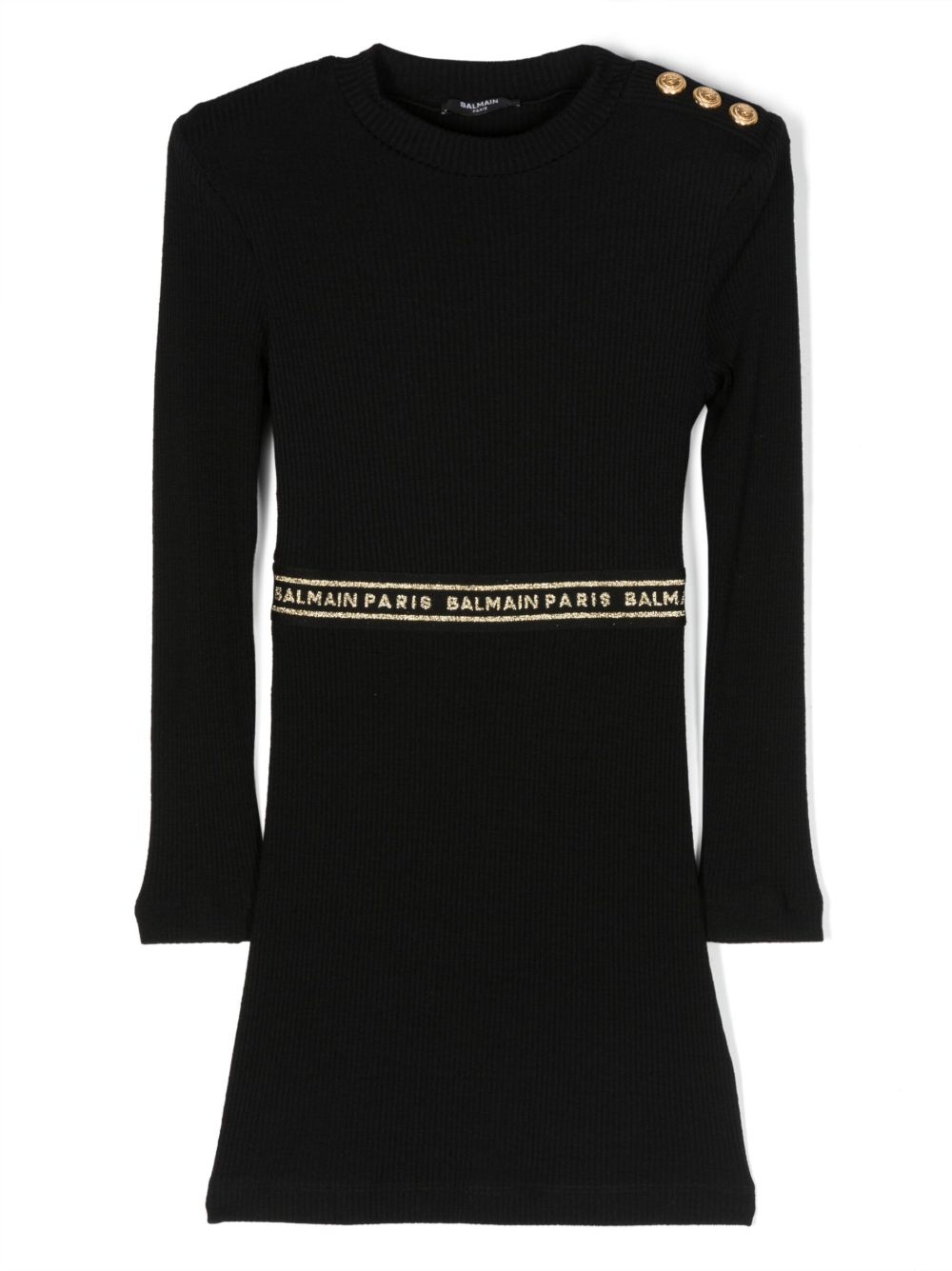 Balmain Kids logo腰边罗纹针织A字连衣裙 - 黑色