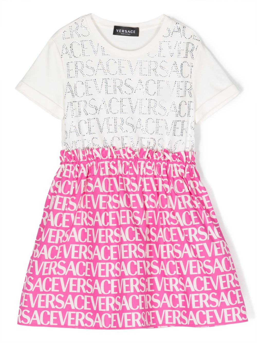 Versace Kids logo印花水晶缀饰连衣裙 - 白色