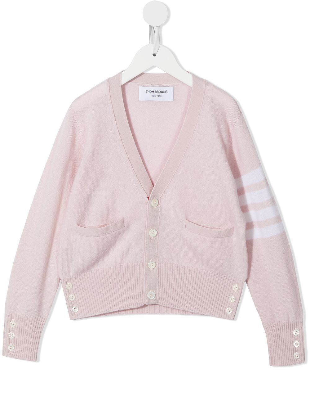 Thom Browne Kids 四条纹V领开衫 - 粉色