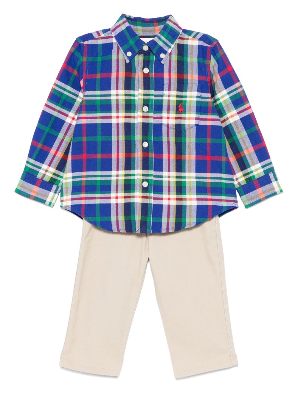 POLO RALPH LAUREN KIDS 格纹牛津卡其裤套装 - 蓝色