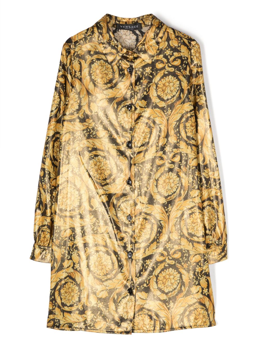 Versace Kids Barocco 印花长袖衬衫裙 - 金色