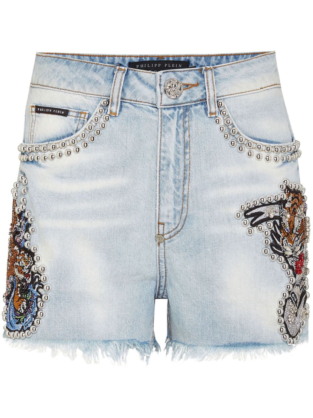 Philipp Plein Tattoo 铆钉缀饰牛仔短裤 - 蓝色