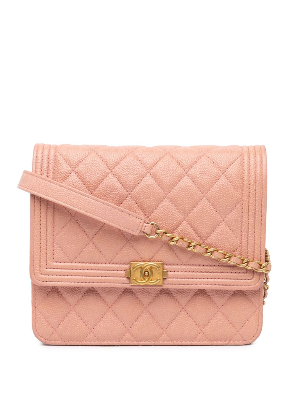 CHANEL Pre-Owned Square Boy 绗缝鱼子酱皮质搭链斜挎钱包（2018年典藏款） - 粉色