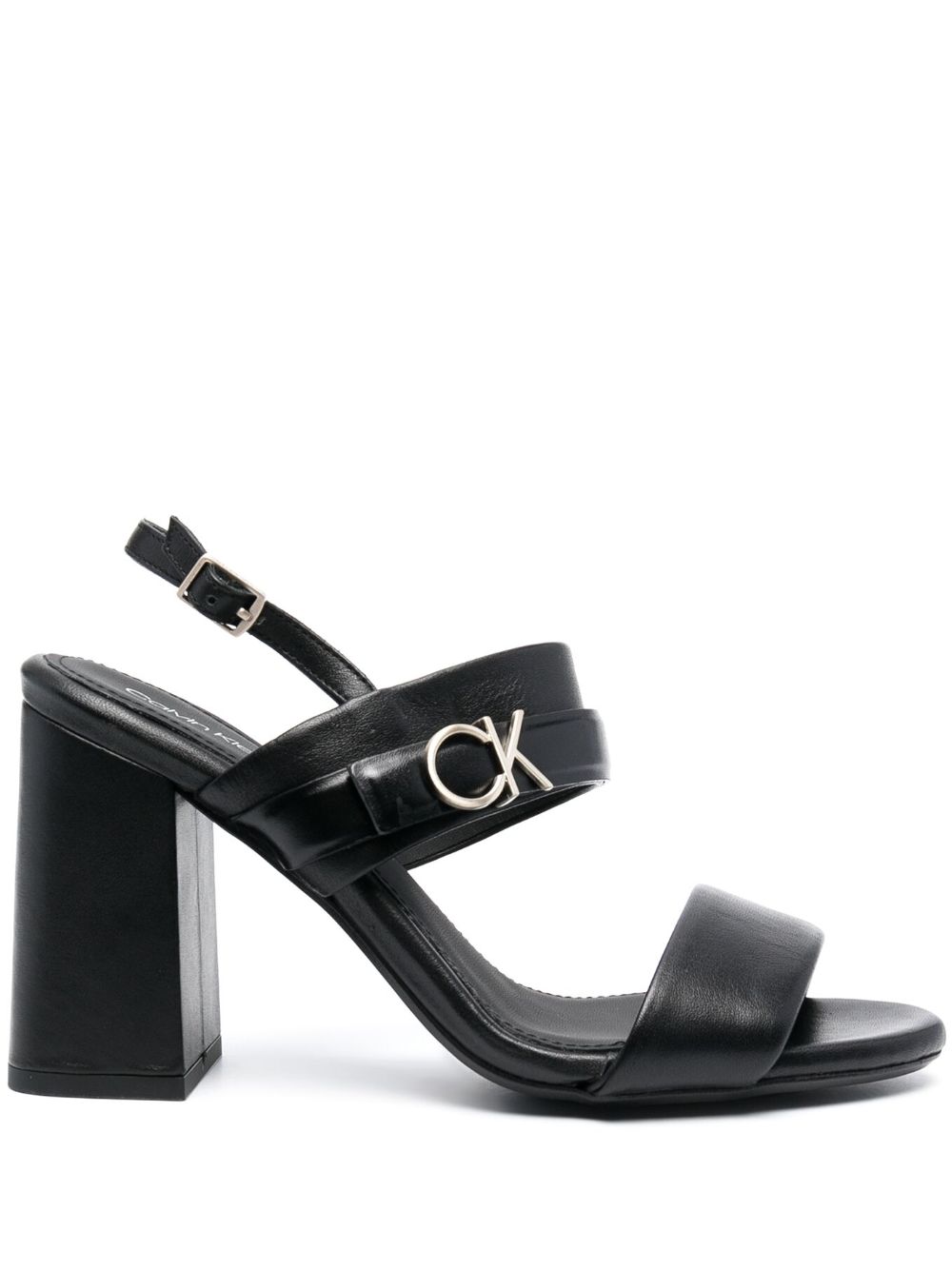 Calvin Klein logo标牌皮质高跟凉鞋 - 黑色