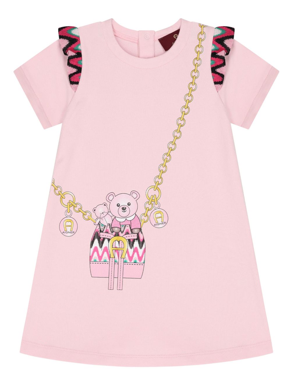 Aigner Kids 泰迪熊印花短袖连衣裙 - 粉色