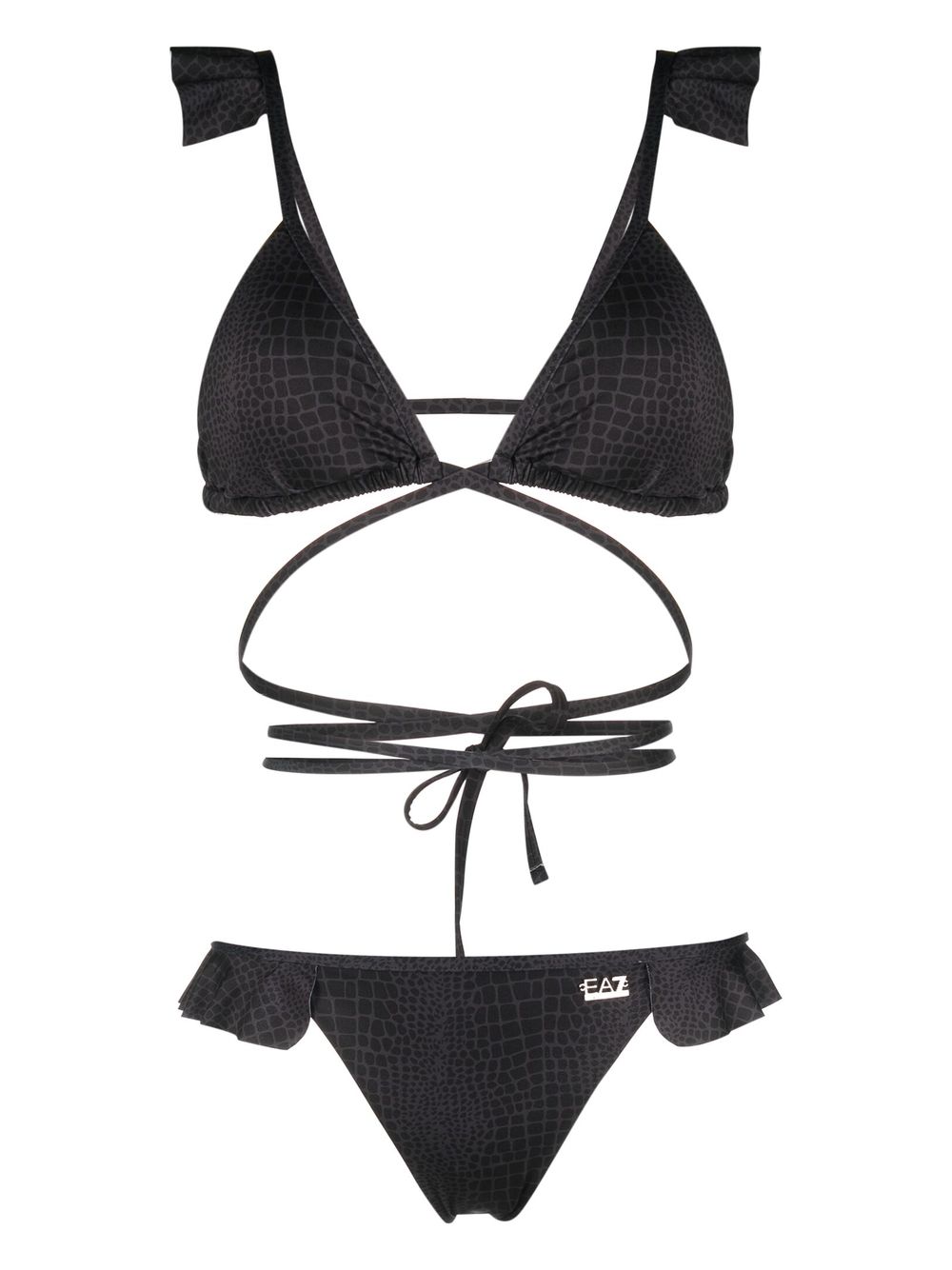 Ea7 Emporio Armani 荷叶边动物纹比基尼套装 - 黑色