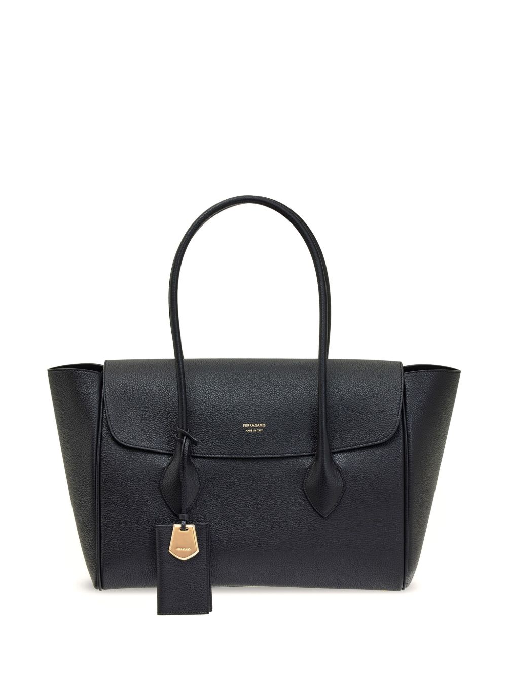 Ferragamo logo标牌大号皮质托特包 - 黑色