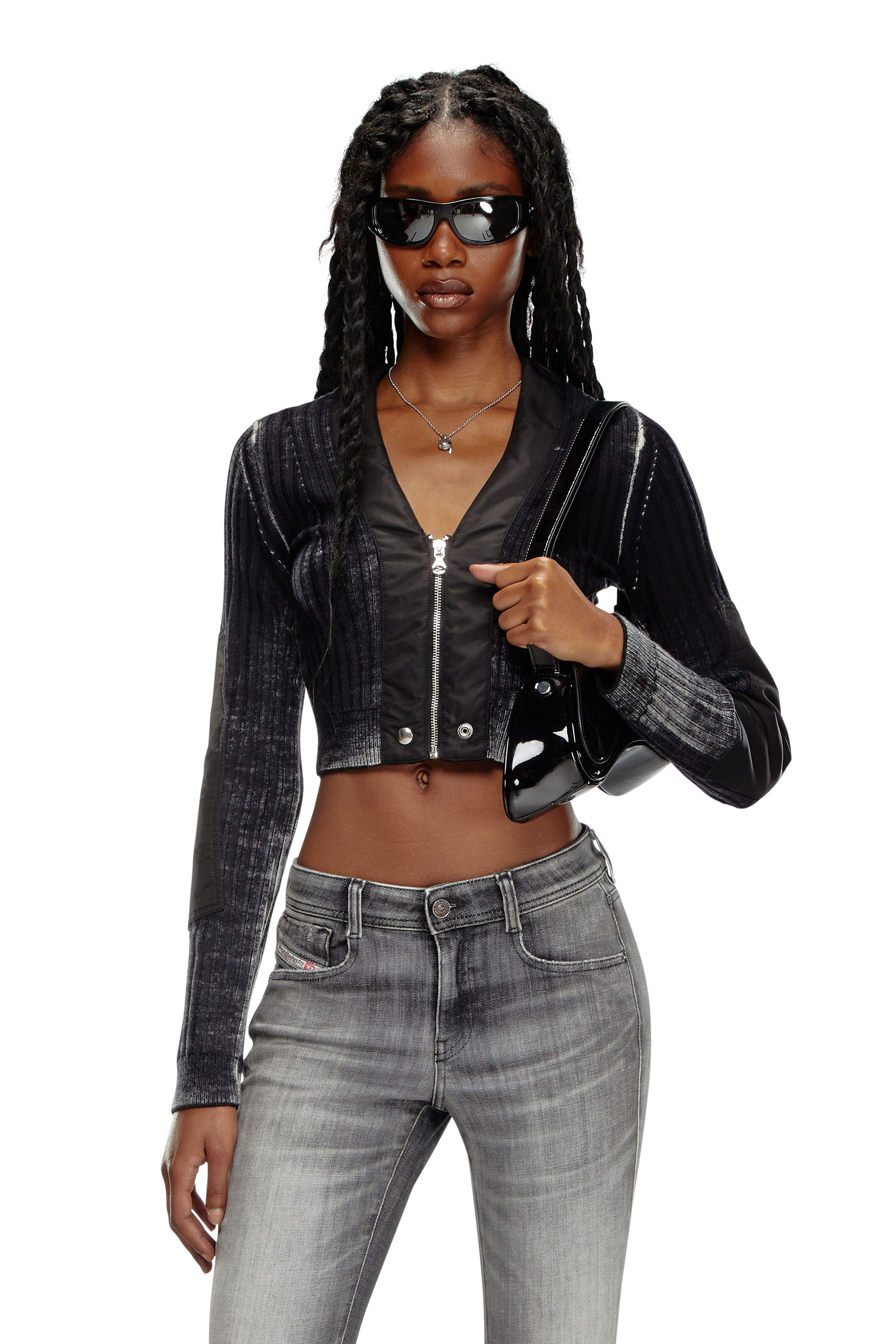 Diesel - Cropped wool cardigan with nylon trims - Knitwear - Woman - Black