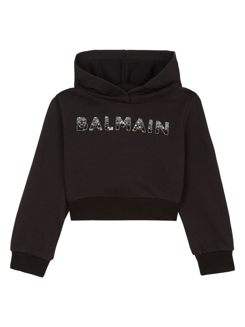 Balmain Kids 亮片logo短款棉连帽衫 - 黑色
