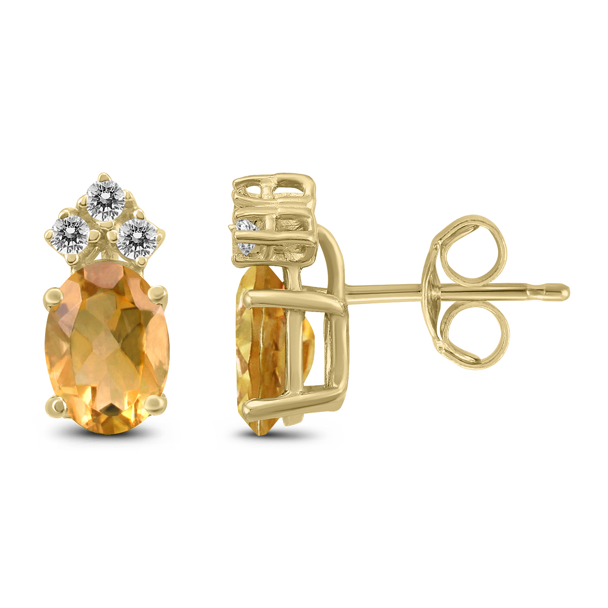 14K Yellow Gold 7x5MM Oval Citrine and Three Stone Diamond Earrings