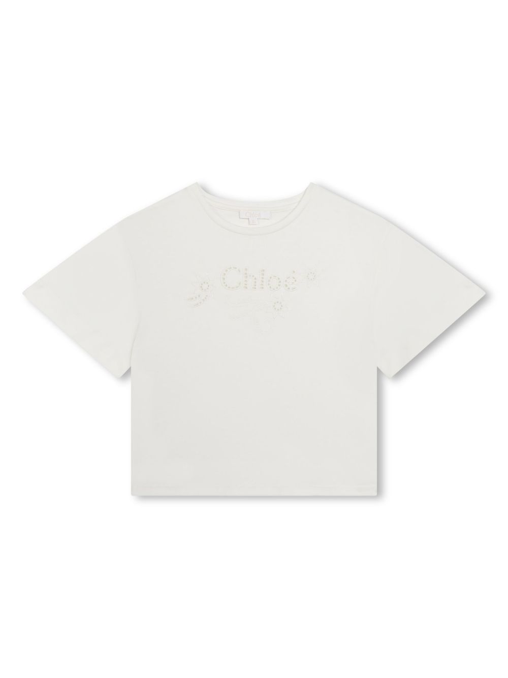 Chloé Kids logo刺绣孔眼T恤 - 白色