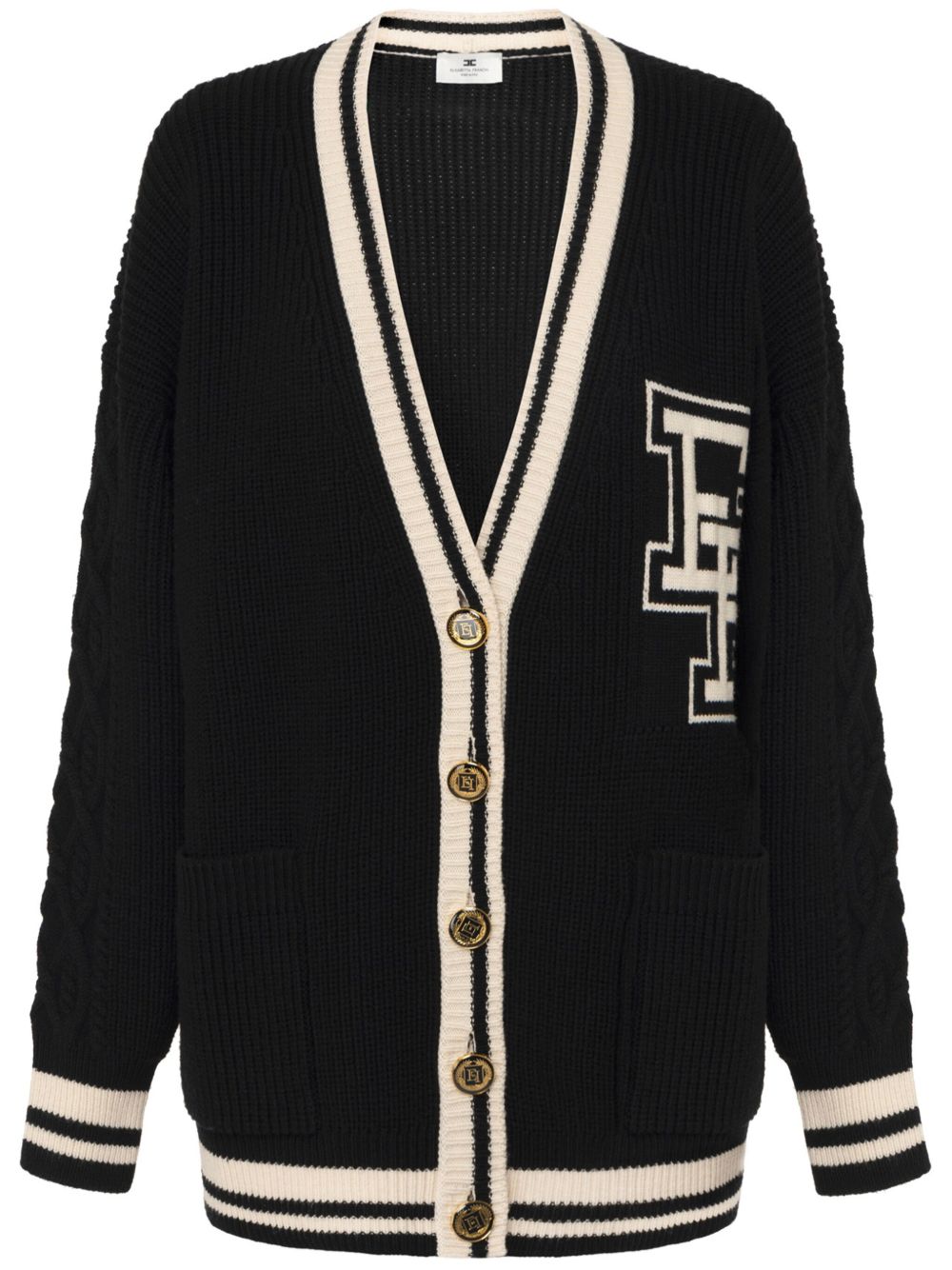 Elisabetta Franchi V领logo贴花开衫 - 黑色