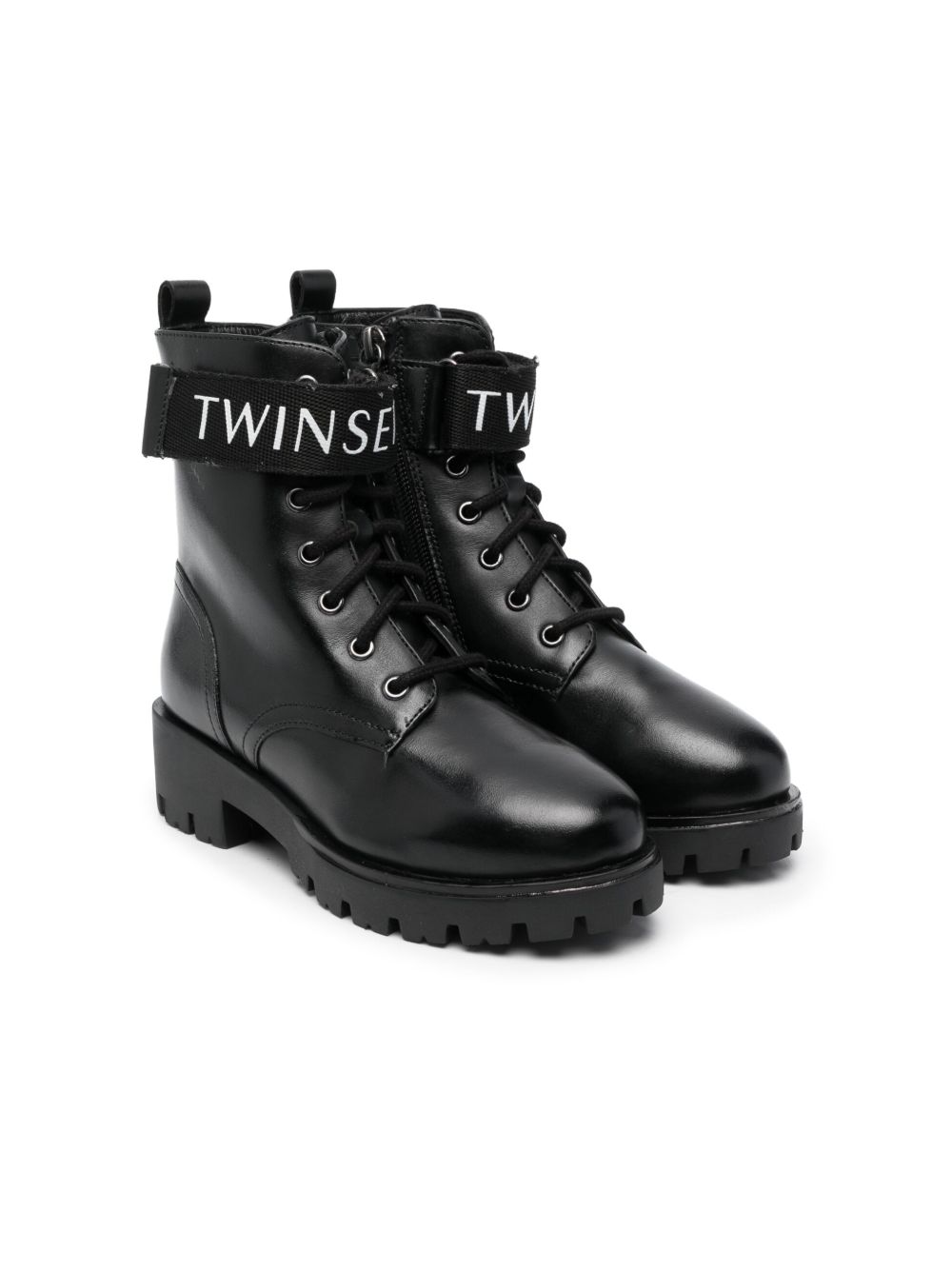 TWINSET Kids logo饰带皮质工装靴 - 黑色