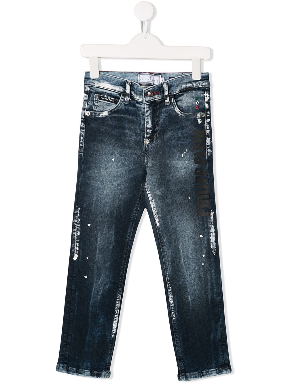 Philipp Plein Junior 泼漆效果牛仔裤 - 蓝色
