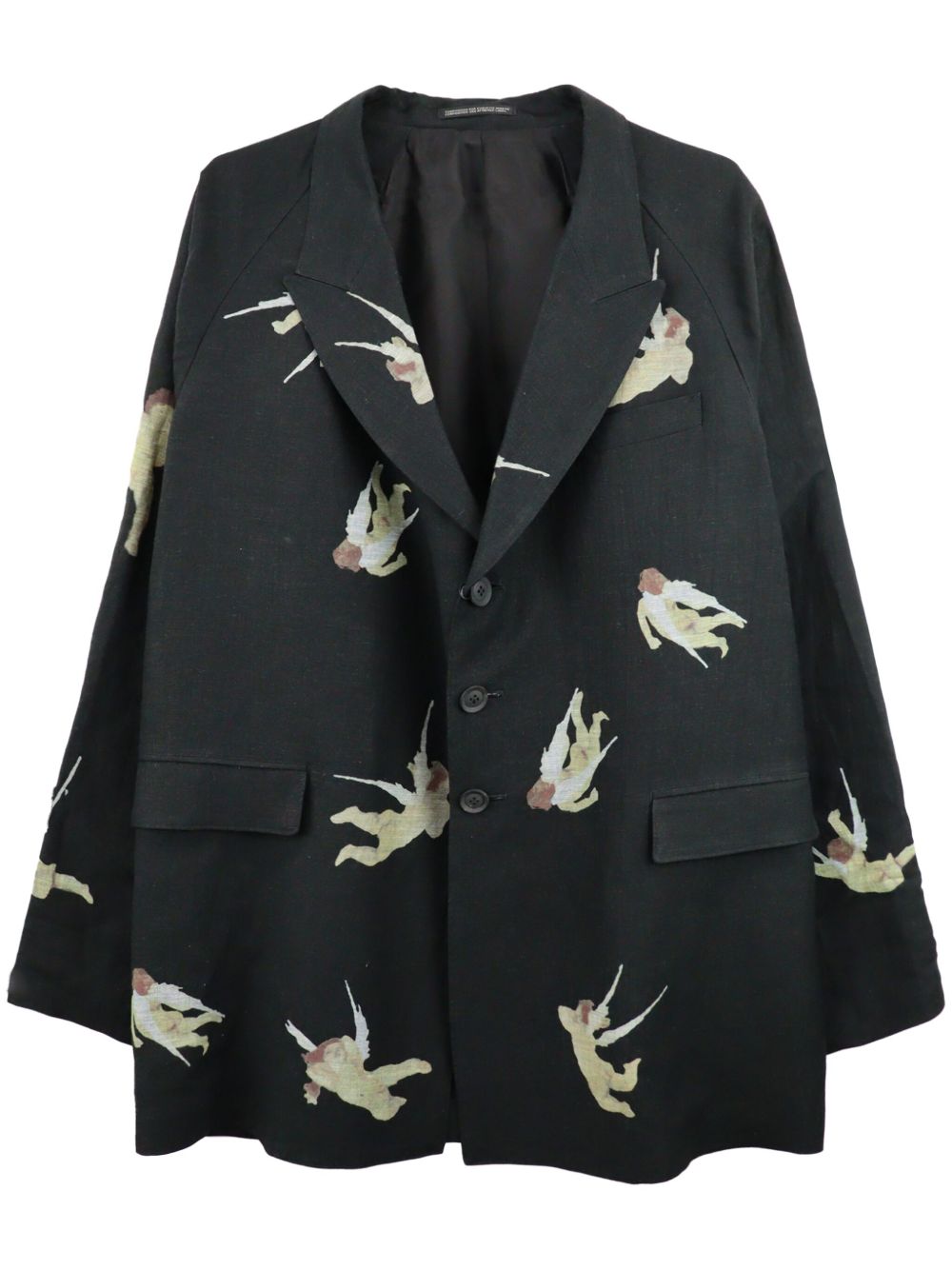 Yohji Yamamoto 天使印花单排扣西装夹克 - 黑色