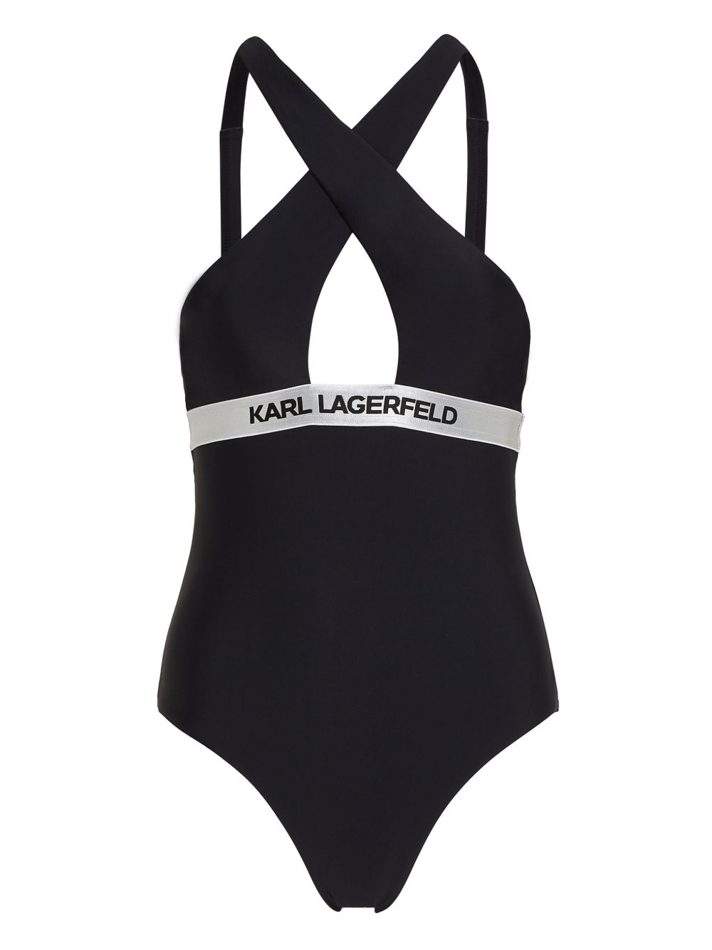 Karl Lagerfeld logo腰边挂脖连体泳衣 - 黑色