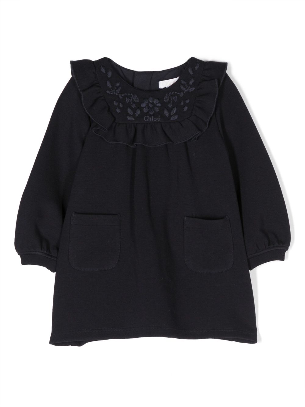 Chloé Kids 荷叶边领长袖连衣裙 - 蓝色