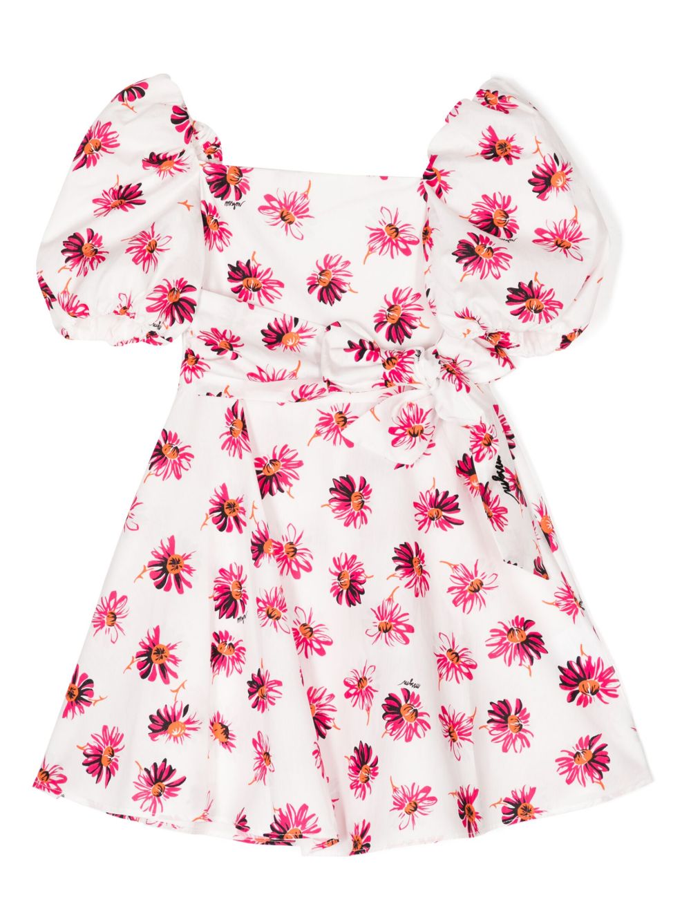 MSGM Kids 花卉印花褶饰连衣裙 - 白色
