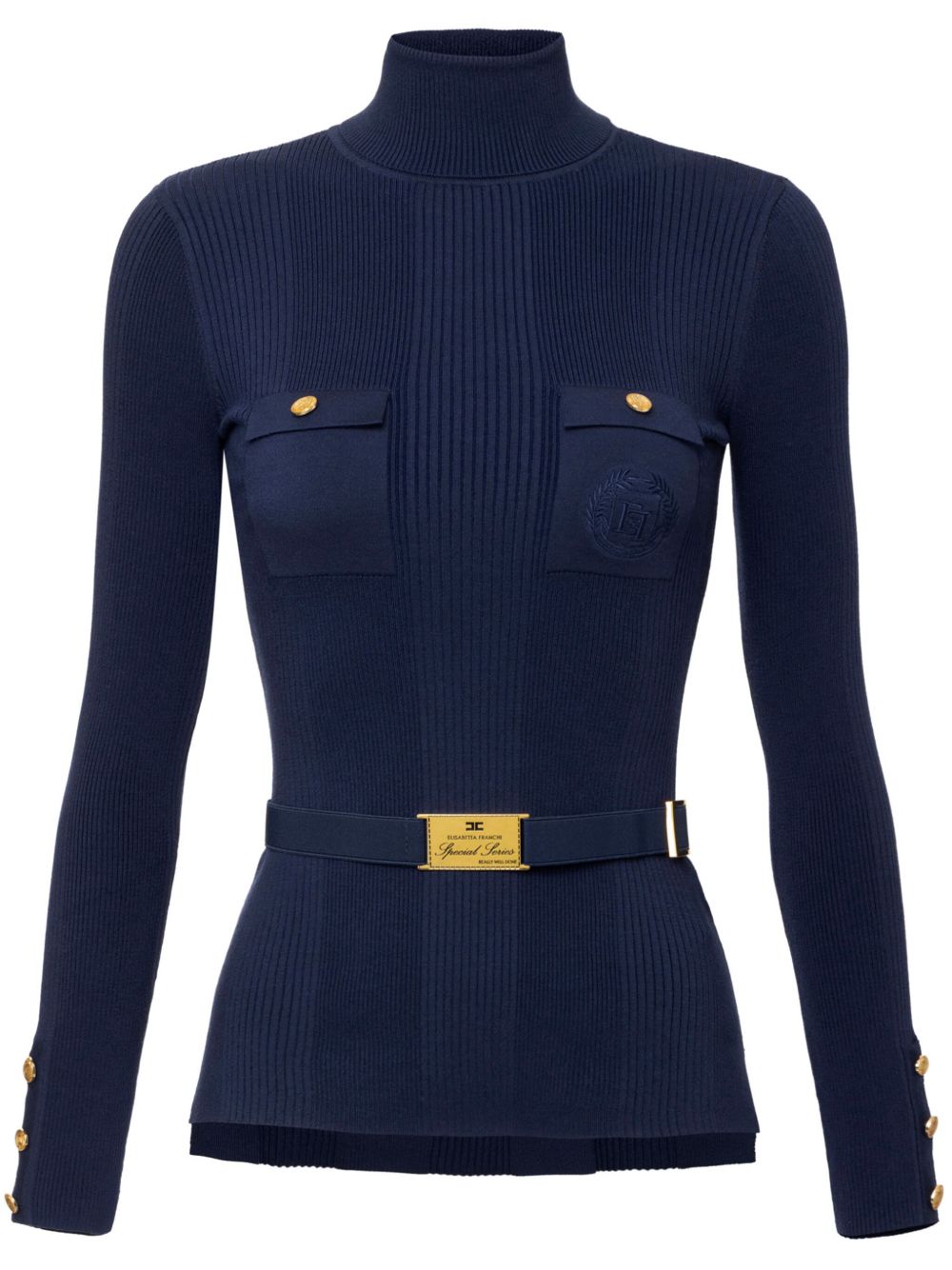 Elisabetta Franchi logo刺绣窄罗纹高领上衣 - 蓝色
