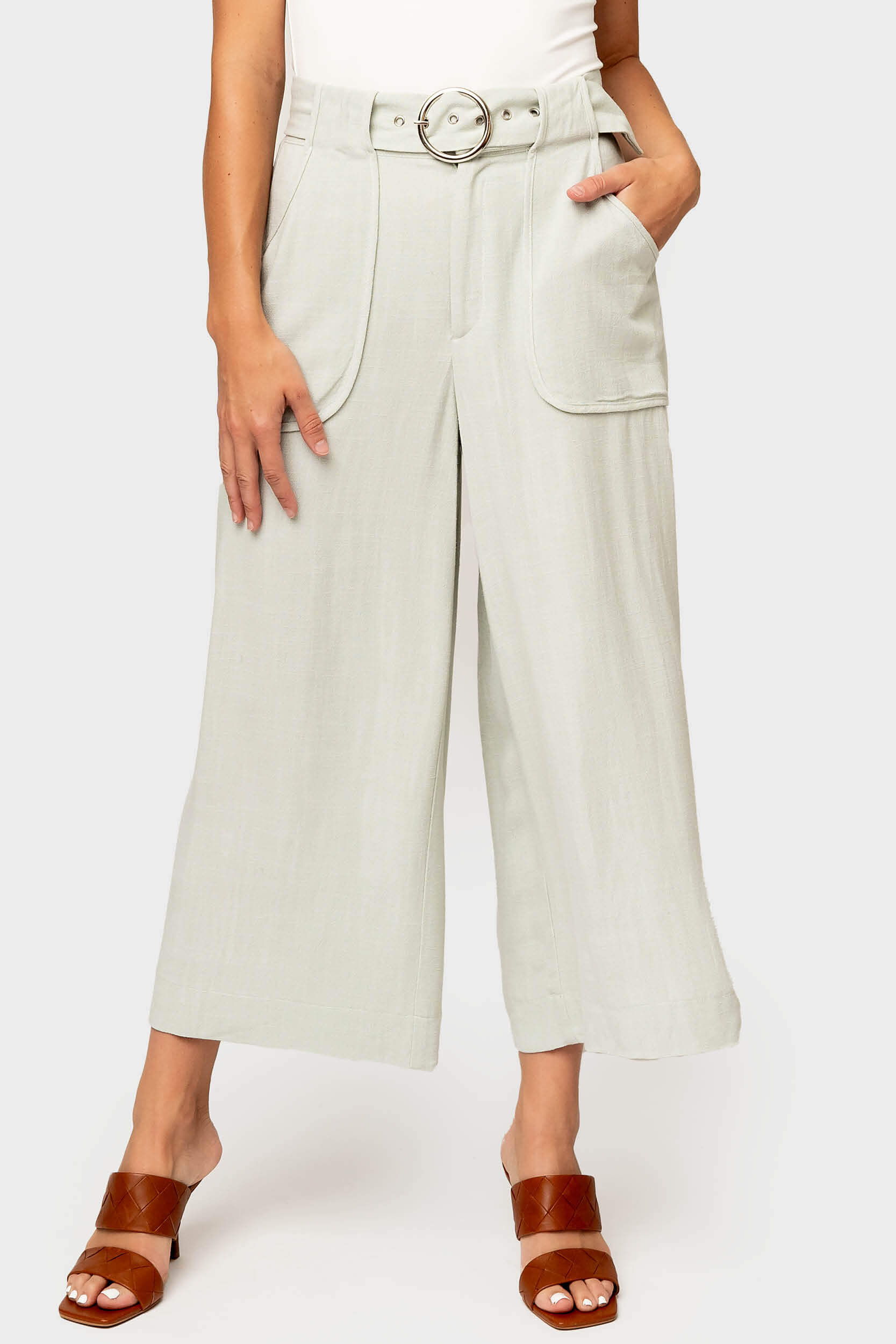 GIGI Belted Linen Cropped Trouser - Sage M