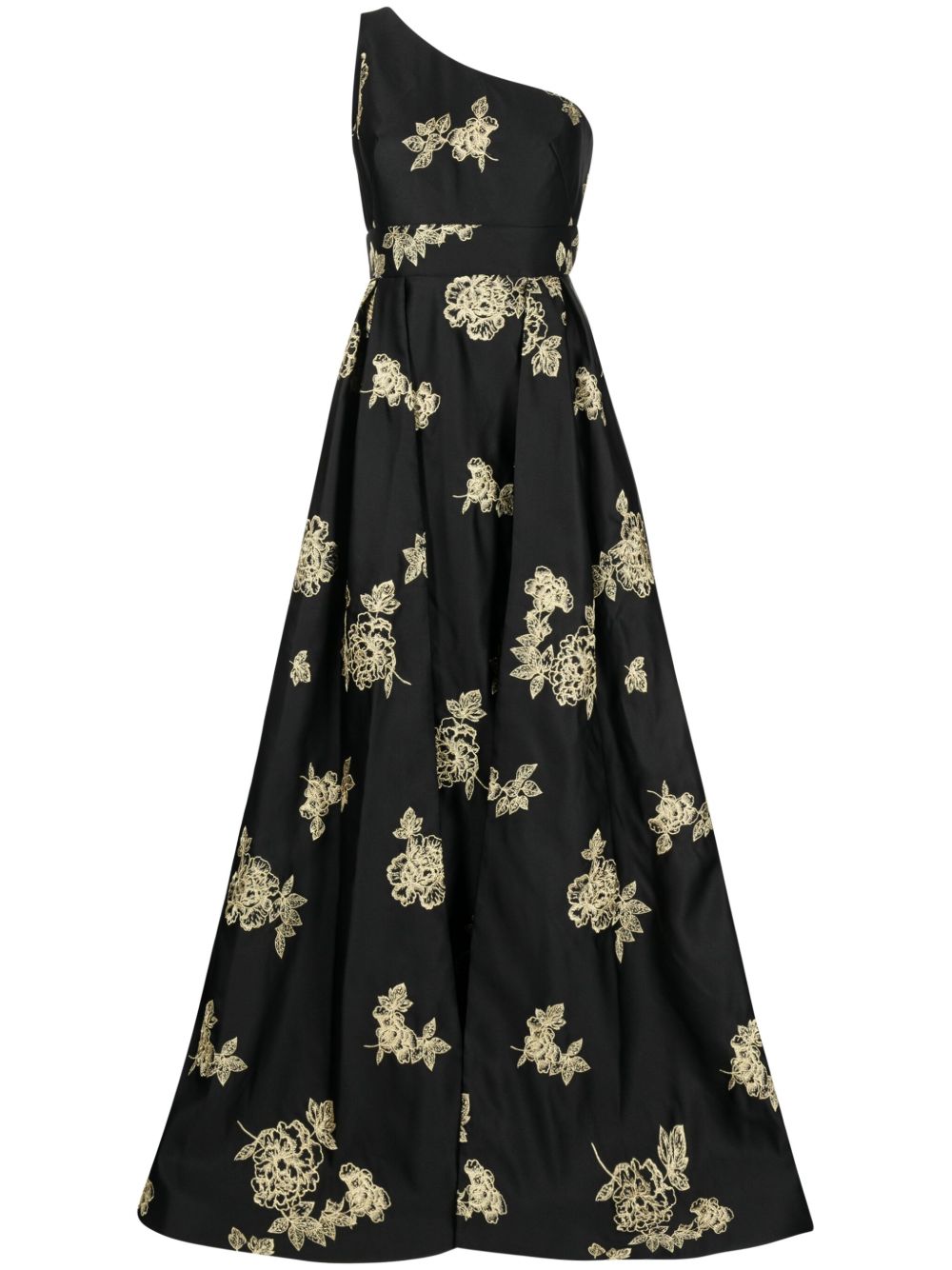 Marchesa Notte 花卉刺绣单肩礼服 - 黑色