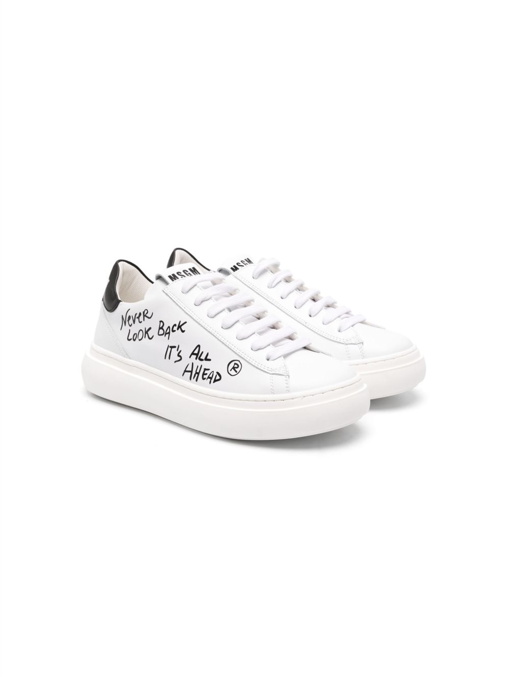 MSGM Kids 标语印花皮质运动鞋 - 白色