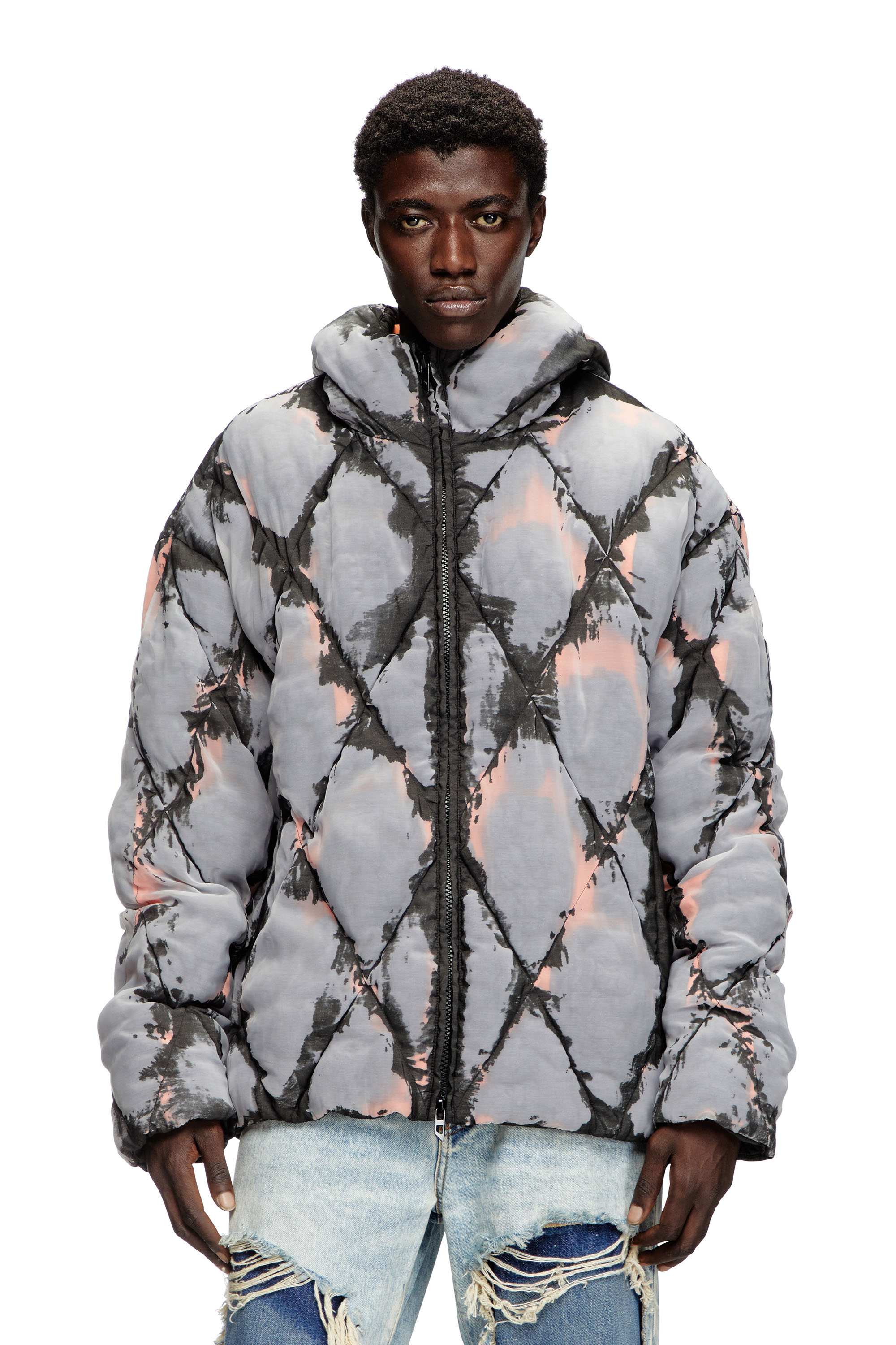 Diesel - Hooded devoré argyle puffer jacket - Winter Jackets - Man - Multicolor