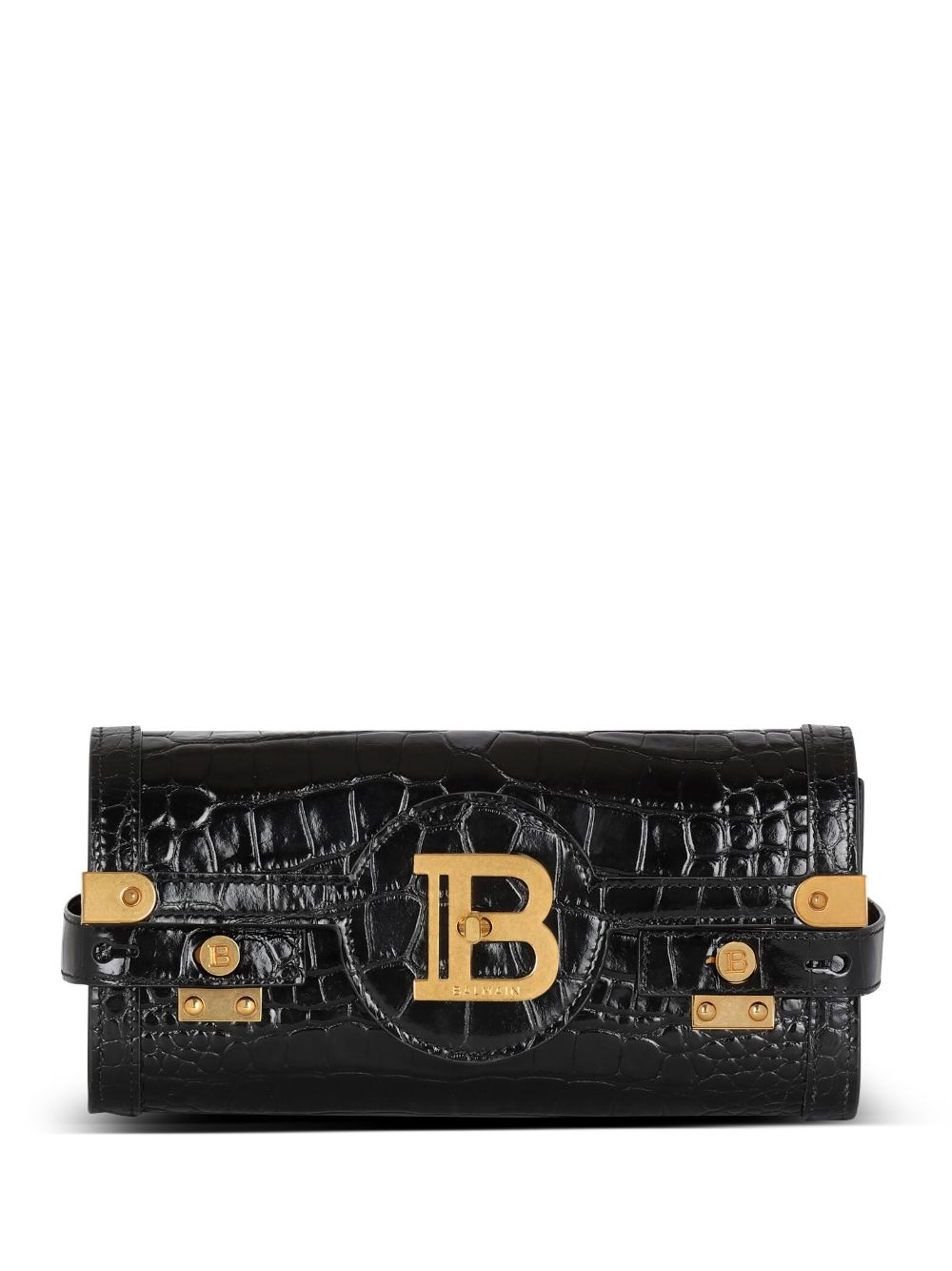 Balmain 仿鳄鱼纹金色标牌迷你包 - 黑色