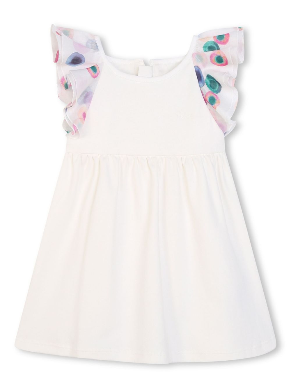 Chloé Kids logo刺绣荷叶边饰连衣裙 - 白色