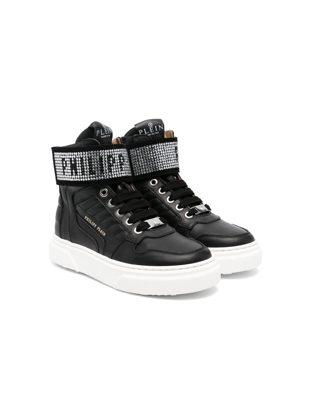 Philipp Plein Junior 晶饰皮质运动鞋 - 黑色