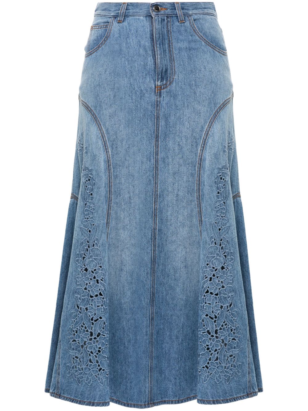 Chloé 花卉刺绣牛仔中长半身裙 - 蓝色