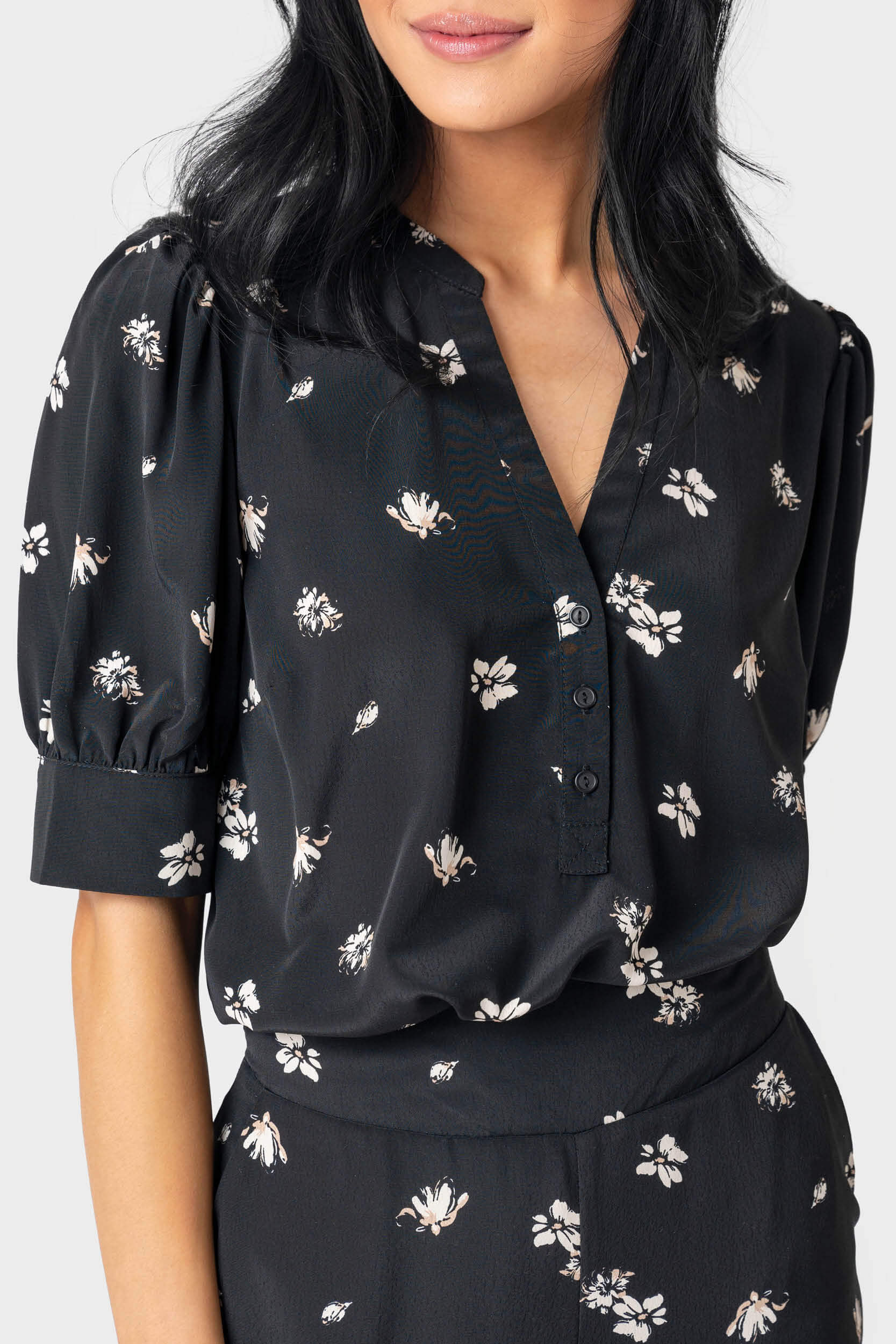 Woven Henley Blouse with Puff Sleeve - Black Floral XXS