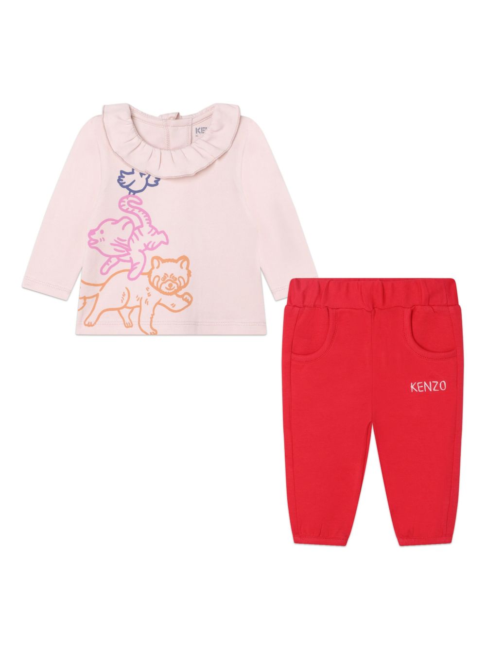 Kenzo Kids 图案印花荷叶领长裤套装 - 粉色