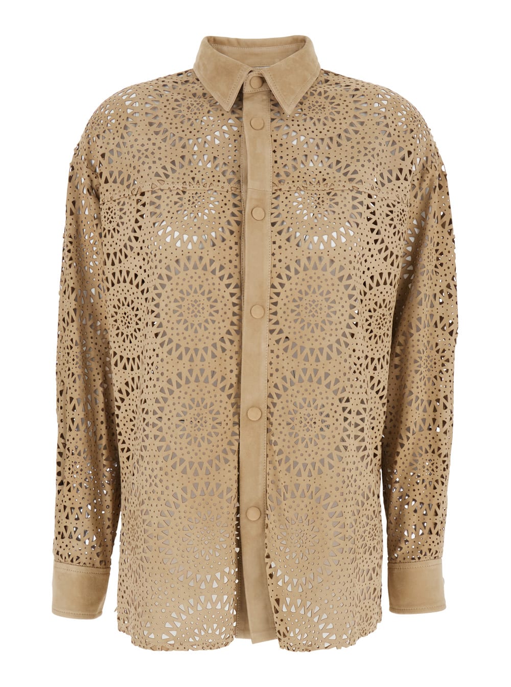 Eleventy Beige Shirt With Classic Collar And All-over Perforated Motif In Suede Woman
