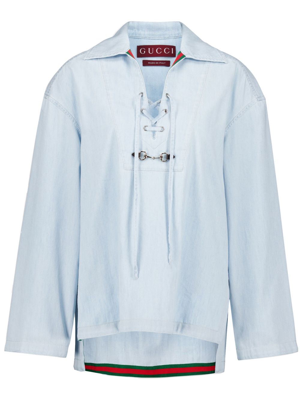 Gucci 织带条纹牛仔衬衫 - 蓝色