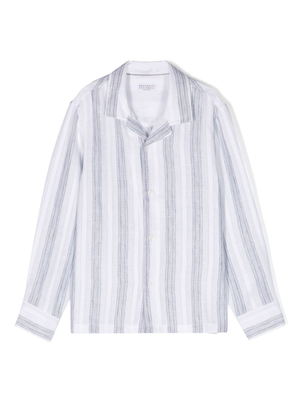 Brunello Cucinelli Kids 古巴领条纹亚麻衬衫 - 灰色