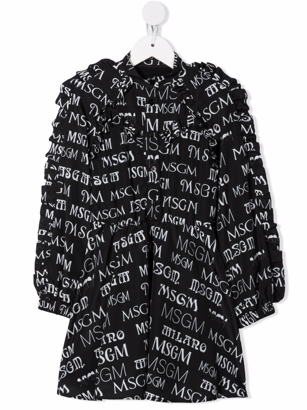MSGM Kids logo印花荷叶边连衣裙 - 黑色