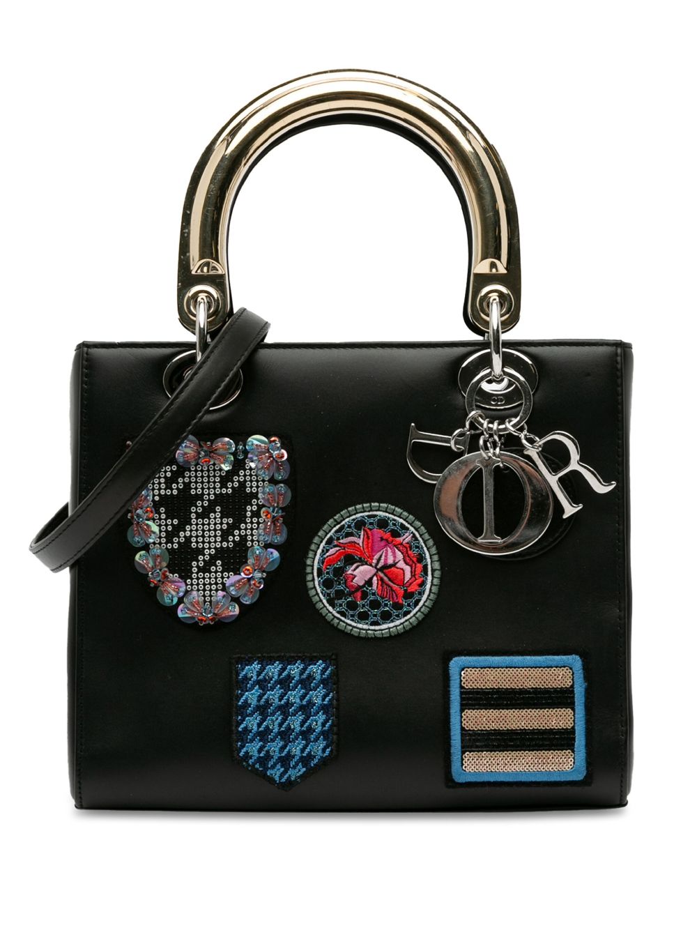 Christian Dior Pre-Owned Medium Calfskin Patch Embellished Lady Dior 斜挎包（2014年典藏款） - 黑色