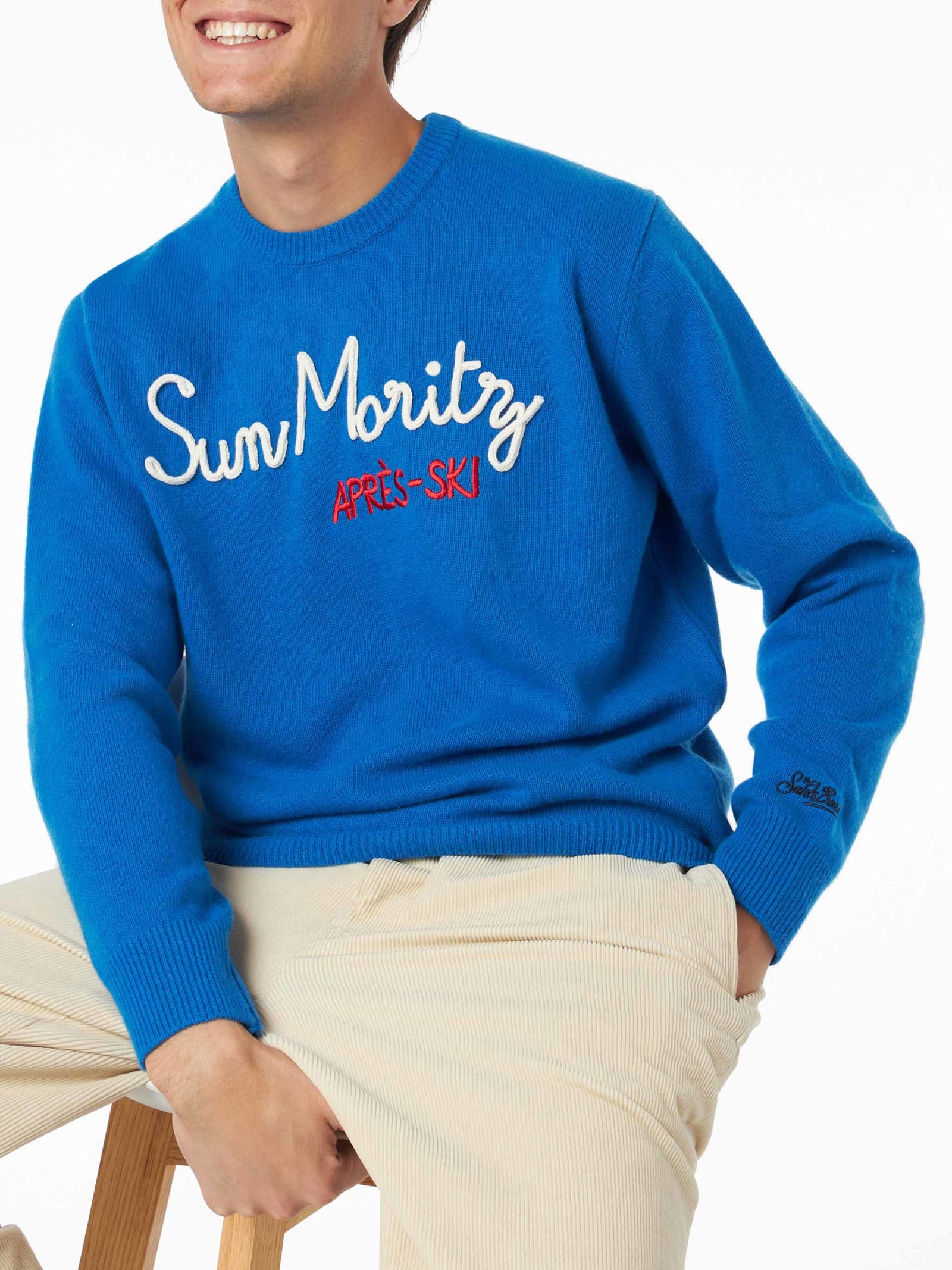 MC2 Saint Barth Man Crewneck Sweater With Sun Moritz Après Ski Embroidery