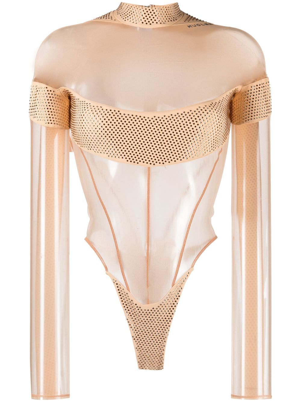 Mugler logo标牌半透明拼接连体紧身衣 - 金色