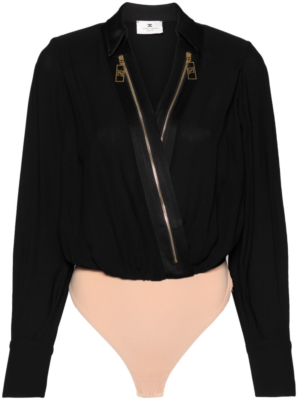 Elisabetta Franchi logo拉链细节乔其纱连体紧身衣 - 黑色