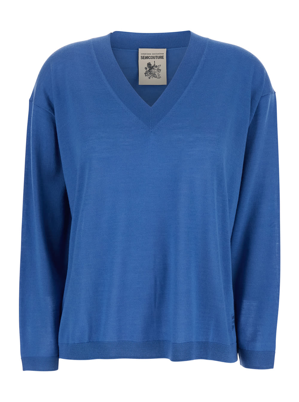 SEMICOUTURE Blue Sweater With V-neck And Logo Embroidered On The Side In Virgin Wool Woman